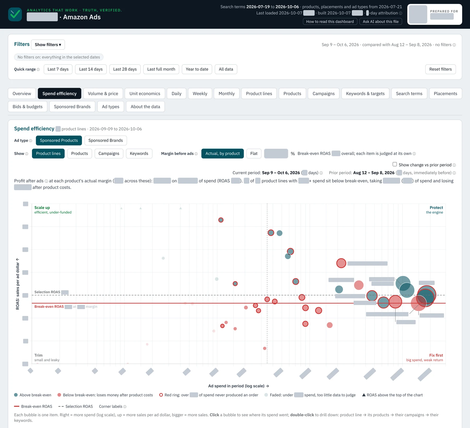 Spend efficiency chart from a client dashboard, figures and names greyed out.